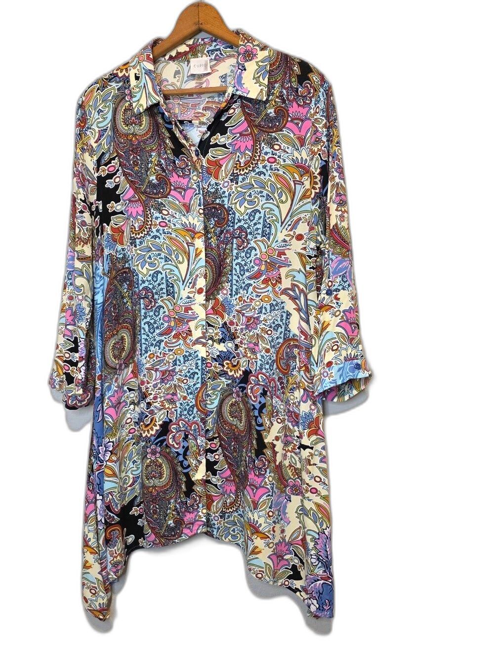 Cupio Paisley Tunic Top Shark Bite Hem Cottage Boho Festival Roll Tabs Medium